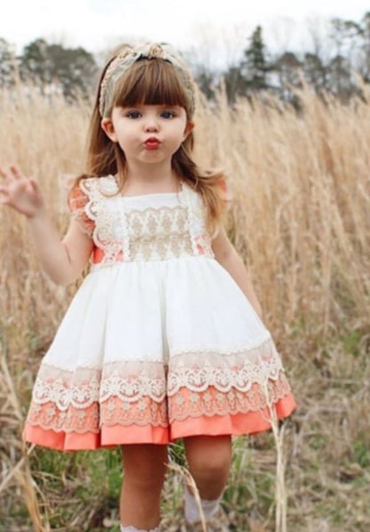Girls Coral Lace Dress - (Made to order)