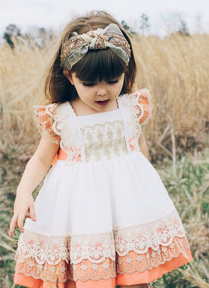 Girls Coral Lace Dress - (Made to order)