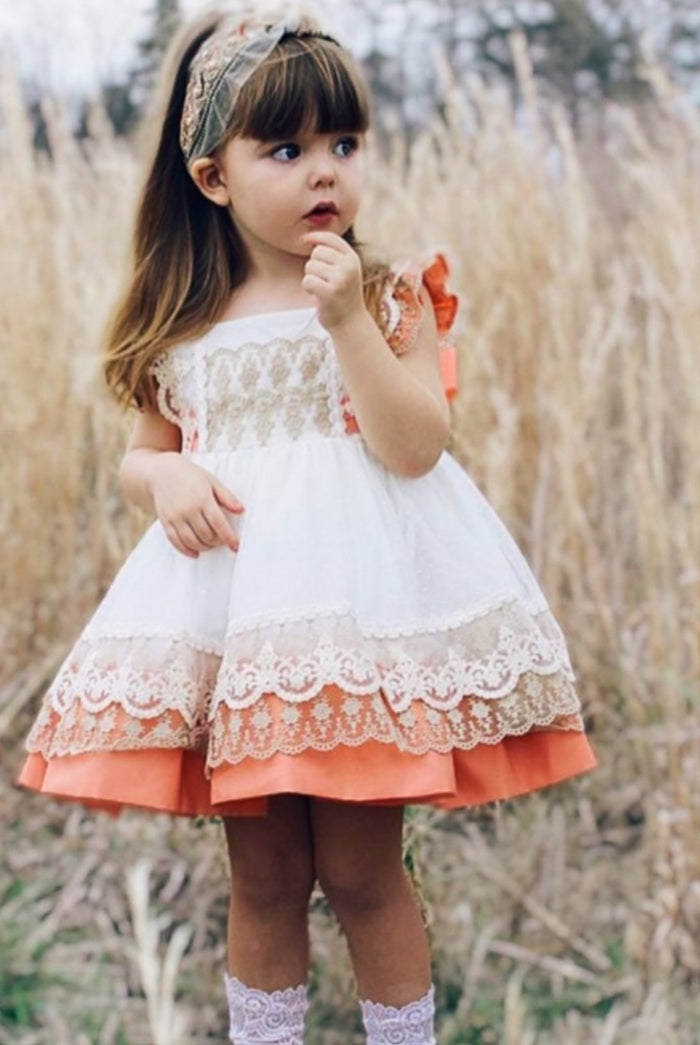 Girls Coral Lace Dress - (Made to order)