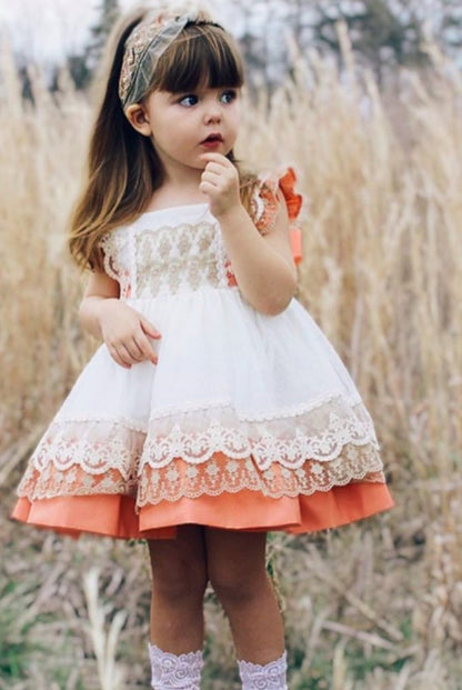 Girls Coral Lace Dress - (Made to order)