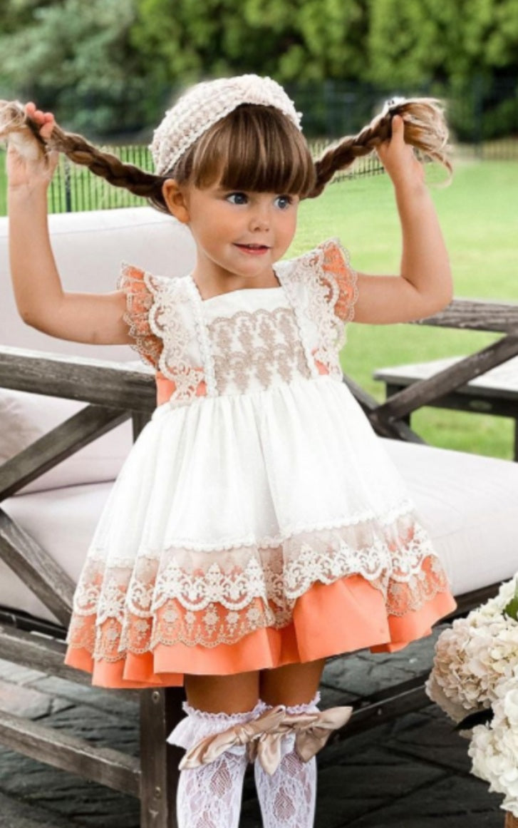 Girls Coral Lace Dress - (Made to order)