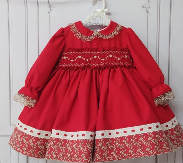 Sonata Red Smocked Dress (Made to order)