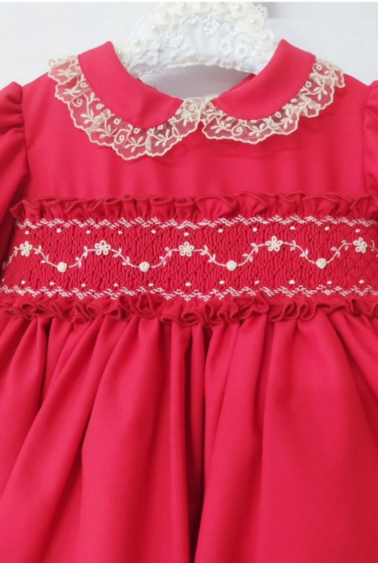 Sonata Red Smocked Dress (Made to order)