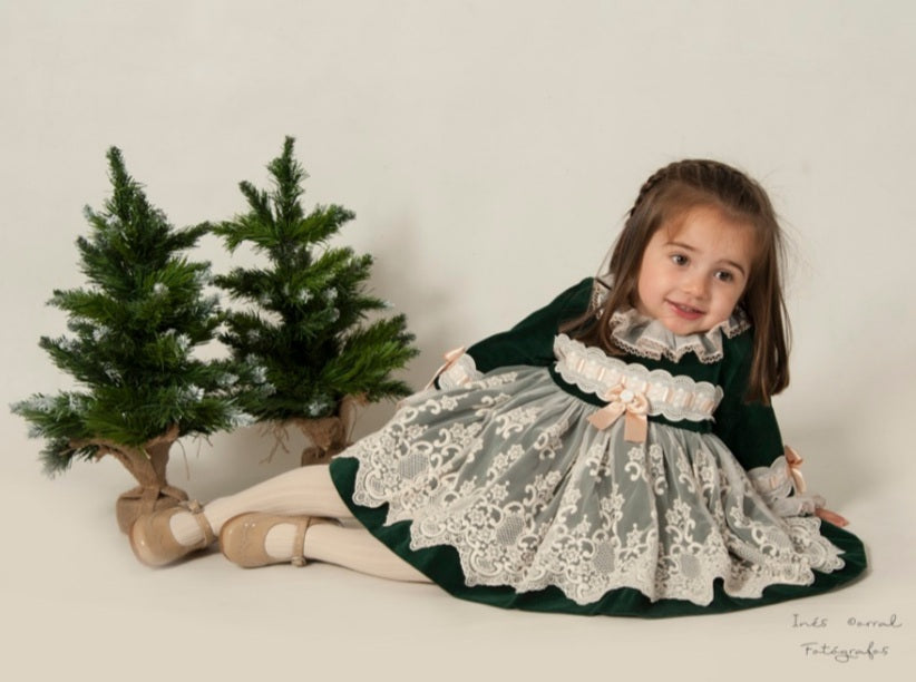 Sonata Green Velvet Puffball Dress (Made to order)