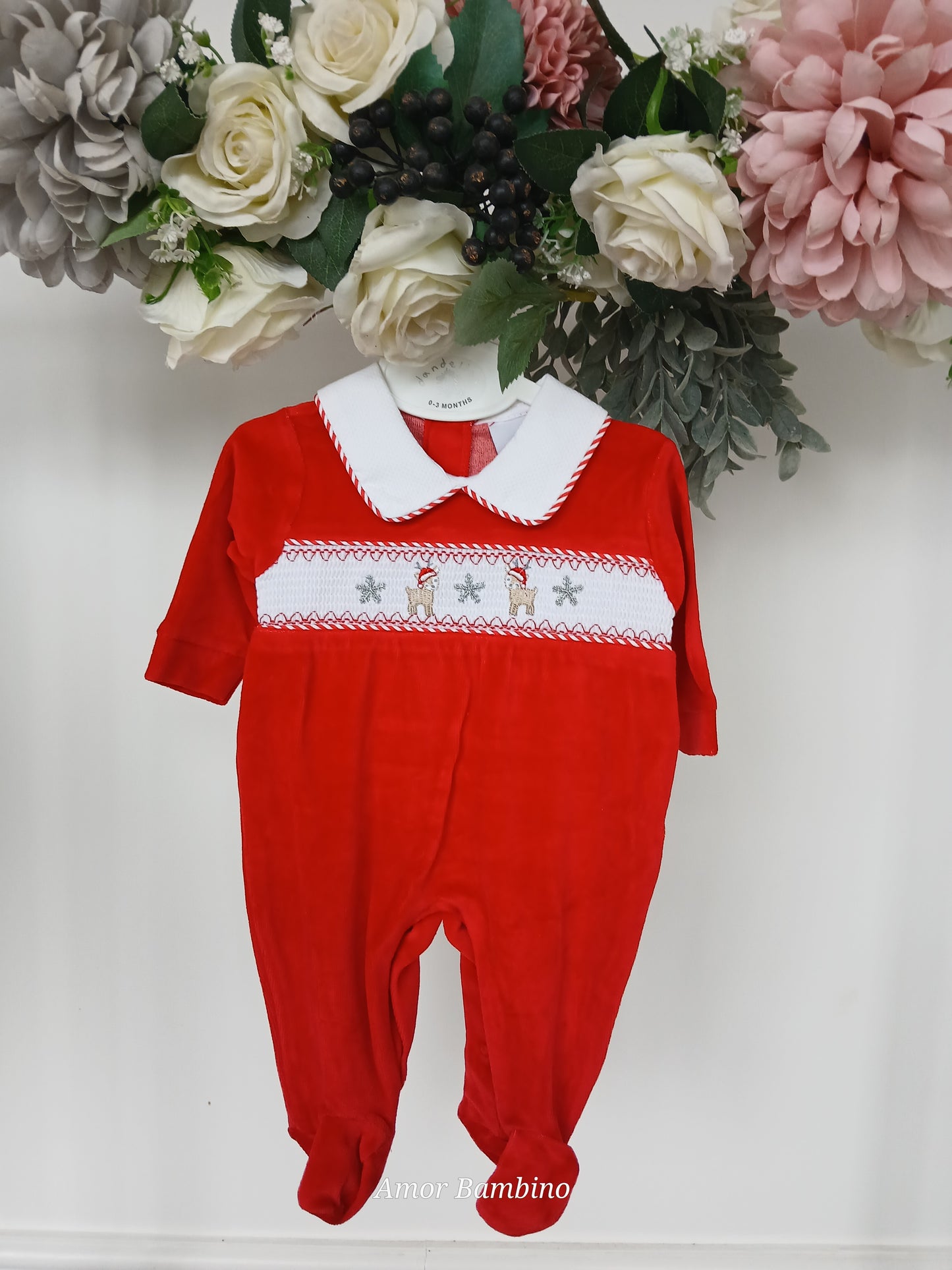 Baby Boys Velvet Reindeer Christmas Smocked Babygrow