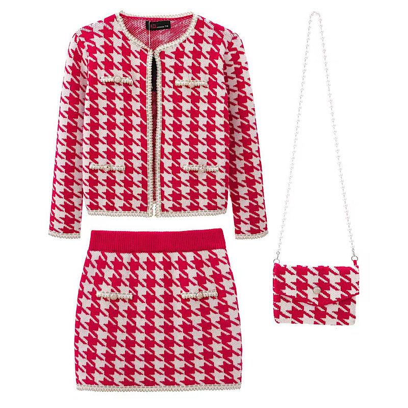 Girls Pink Houndstooth Co-Ord & Bag Set