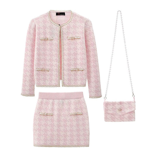 Girls Pink Houndstooth Co-Ord & Bag Set