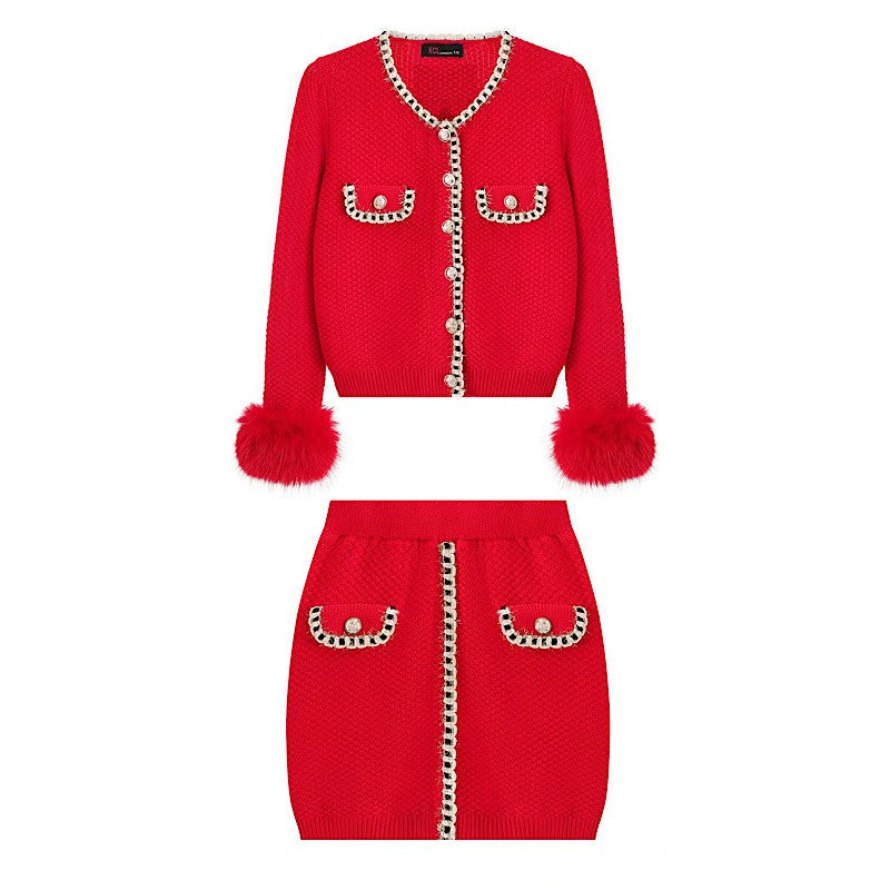 Girls Red Faux Fur Cuff 2 Piece Skirt Set