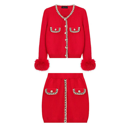 Girls Red Faux Fur Cuff 2 Piece Skirt Set