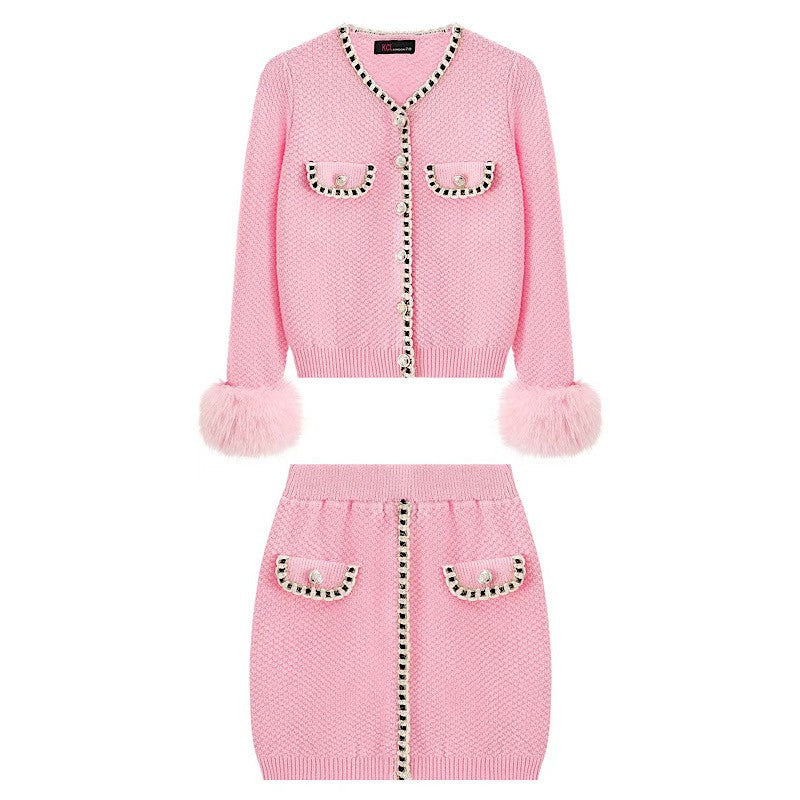 Girls Pink Faux Fur Cuff 2 Piece Skirt Set
