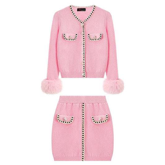Girls Pink Faux Fur Cuff 2 Piece Skirt Set