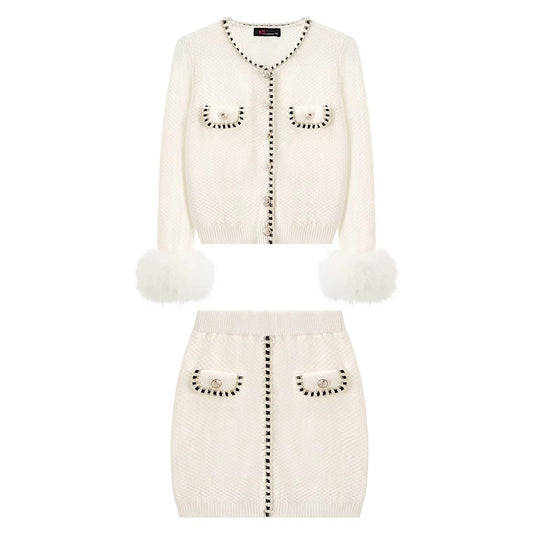 Girls Cream Faux Fur Cuff 2 Piece Skirt Set