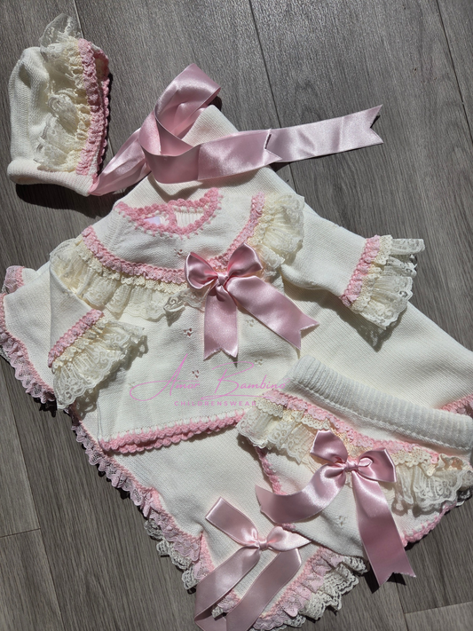 Ela Confeccion Pink & Cream Frill Edge Hand Knitted Jam Pant Set & Bonnet - (Made To Order)