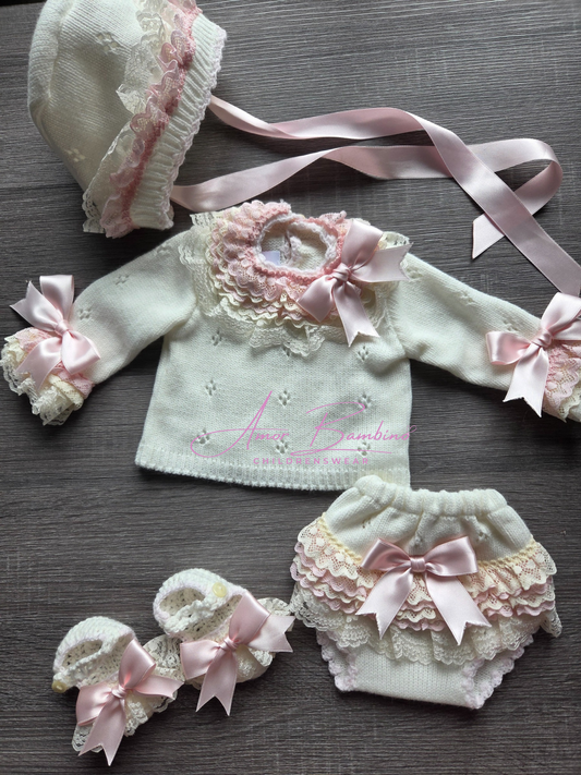 Ela Confeccion Pink Frill Edge Hand Knitted Jam Pant Set & Bonnet - (Made To Order)