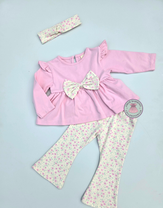 Girls Pink Top Flower Print Leggings Set