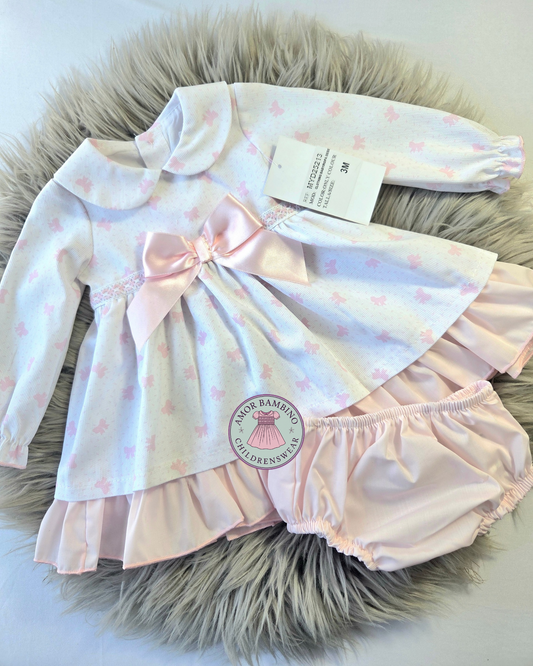 Girls White & Pink Bow Print Dress With Knickers