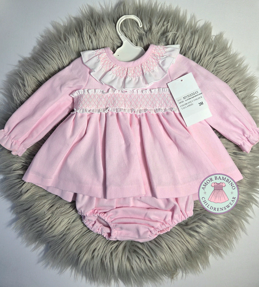 Girls Pink Smocked Dress With Knickers