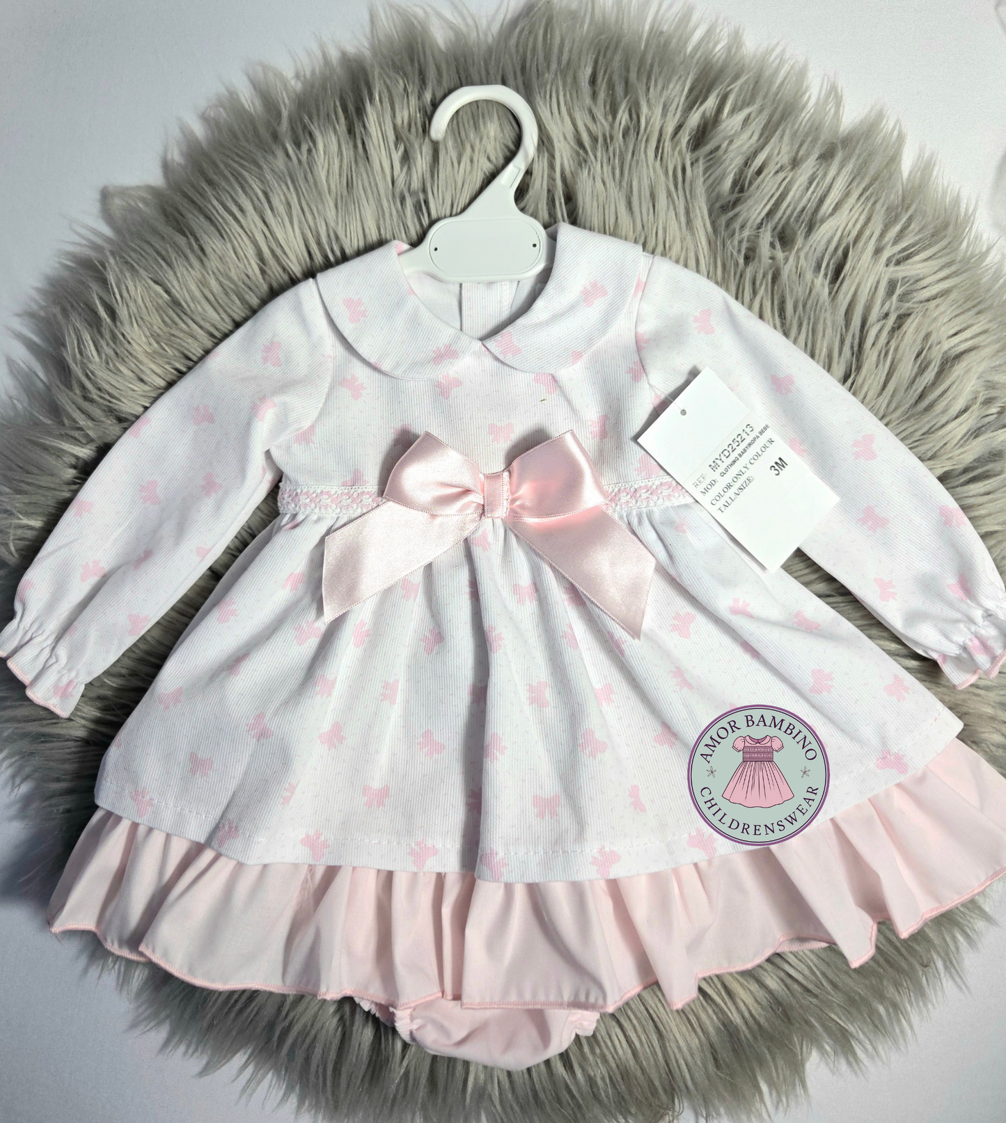 Girls White & Pink Bow Print Dress With Knickers