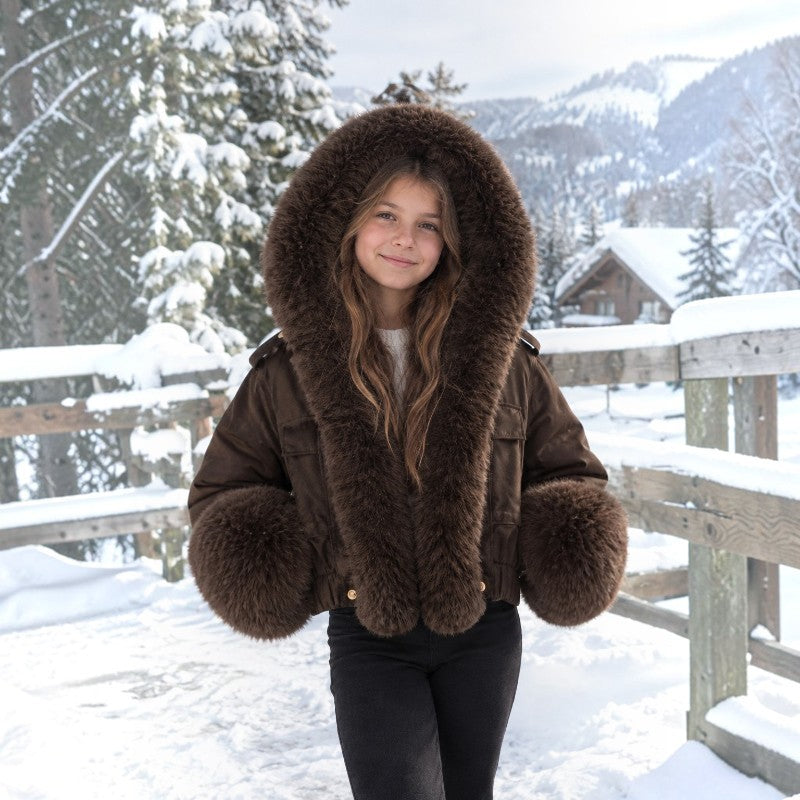 Girls Chocolate Brown Faux Fur Coat
