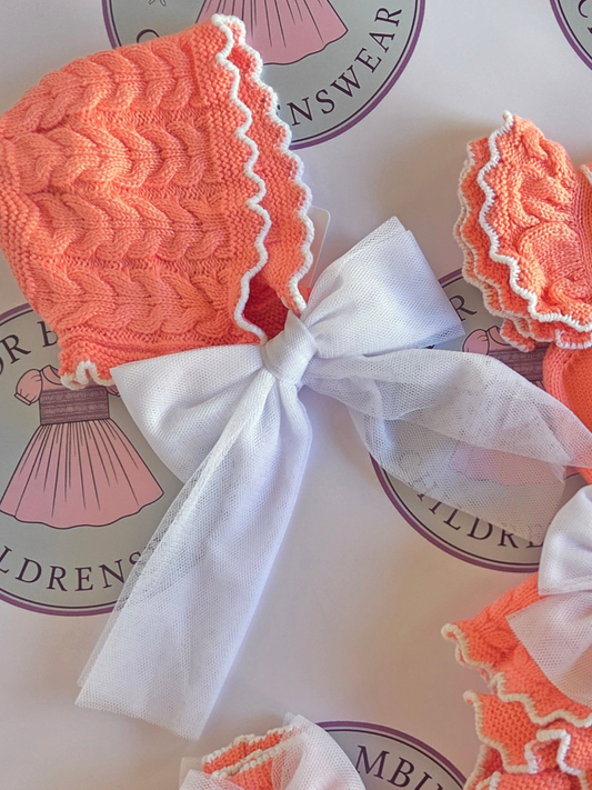 Rahigo Baby Girls Coral & White Bonnet - SS26 REORDER FOR APRIL DELIVERY
