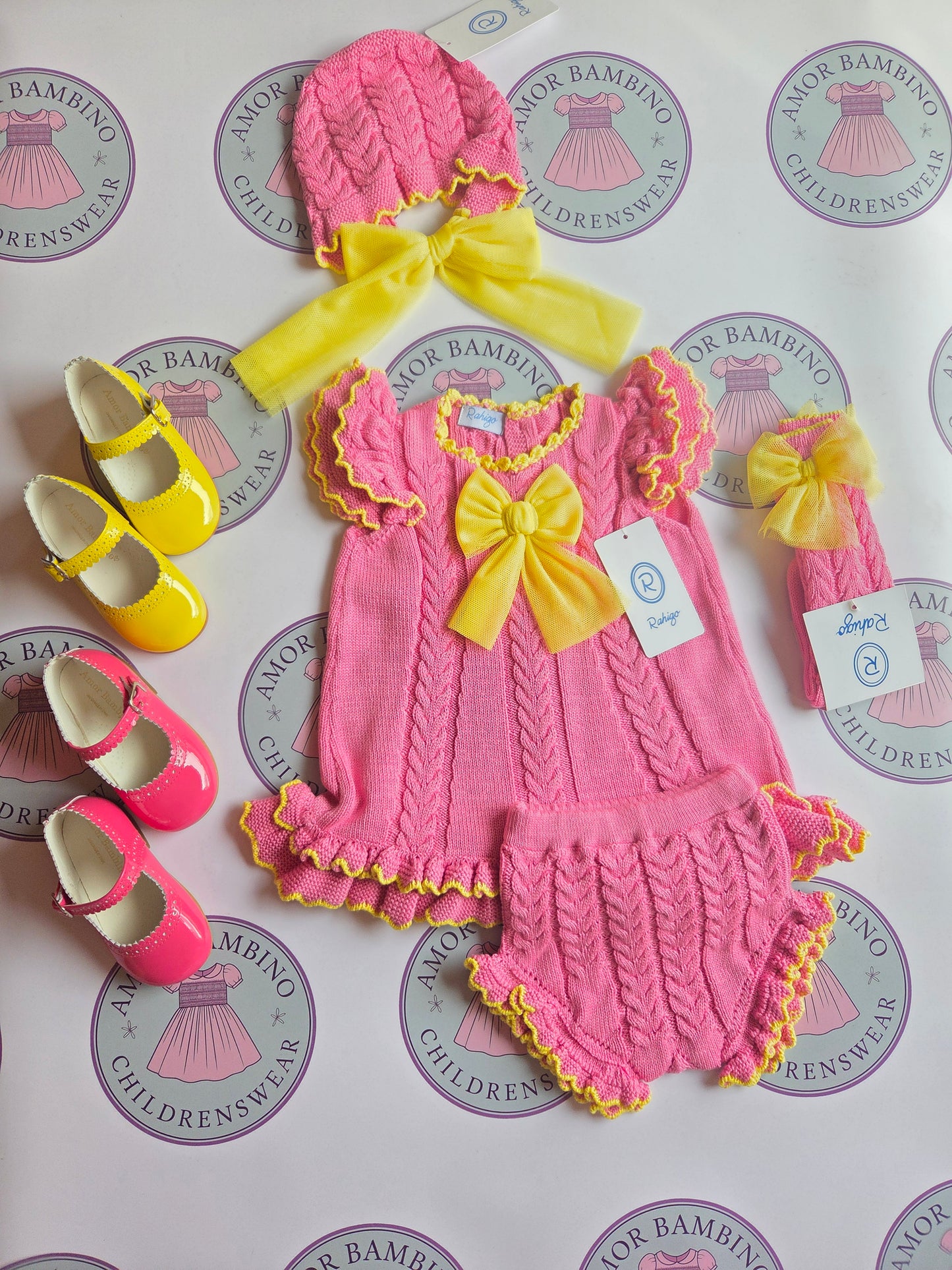 Rahigo Baby Girls Fushia Pink & Lemon Yellow A Line Dress & Knickers, Bonnet & Socks - SS26 In stock
