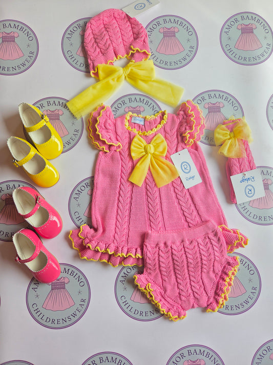 Rahigo Baby Girls Fushia Pink & Lemon Yellow A Line Dress & Knickers, Bonnet & Socks - SS26 In stock