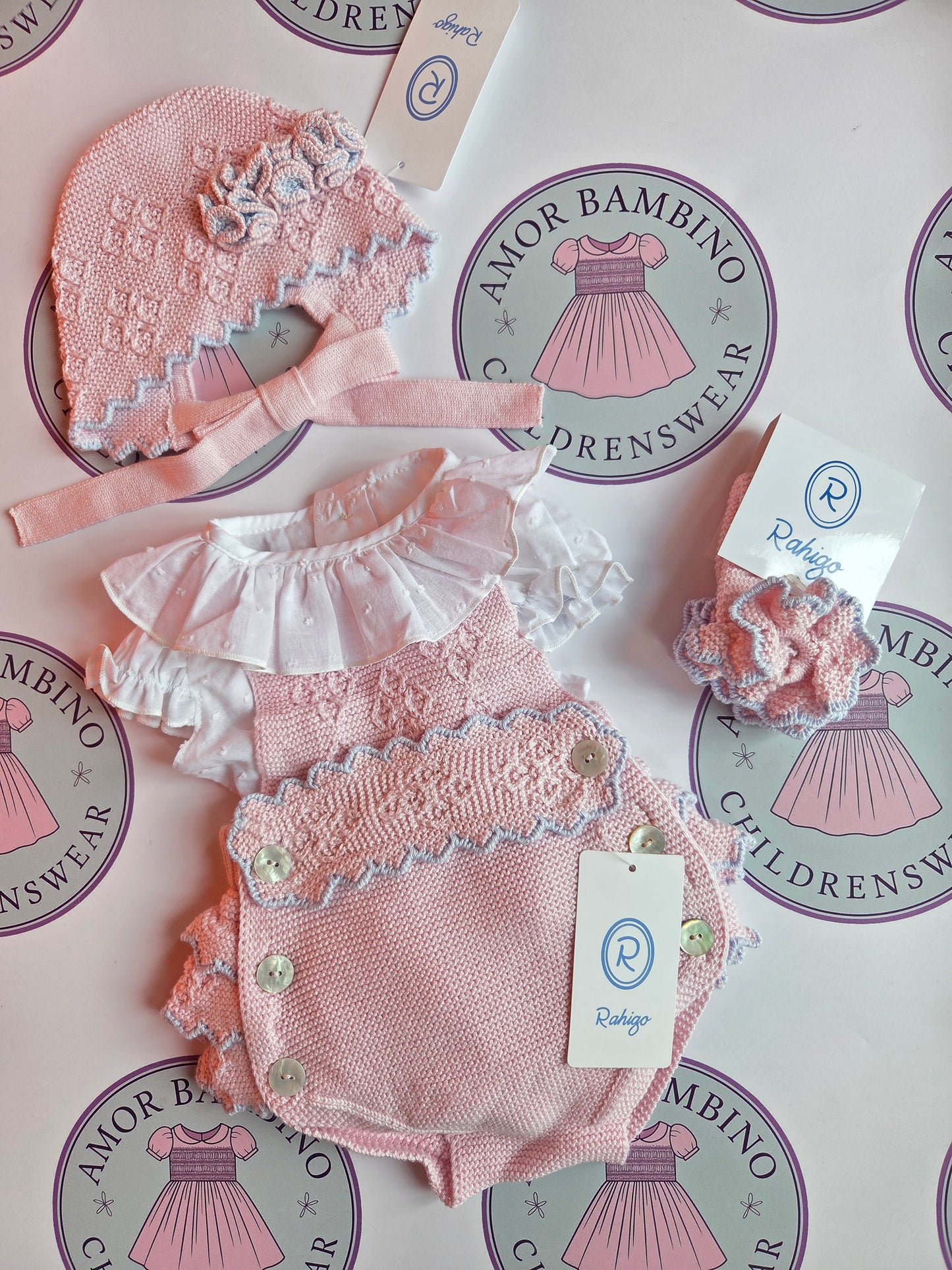 Rahigo Girls Baby Pink & Pale Blue Romper & Blouse, Socks & Bonnet Set - SS26 In stock