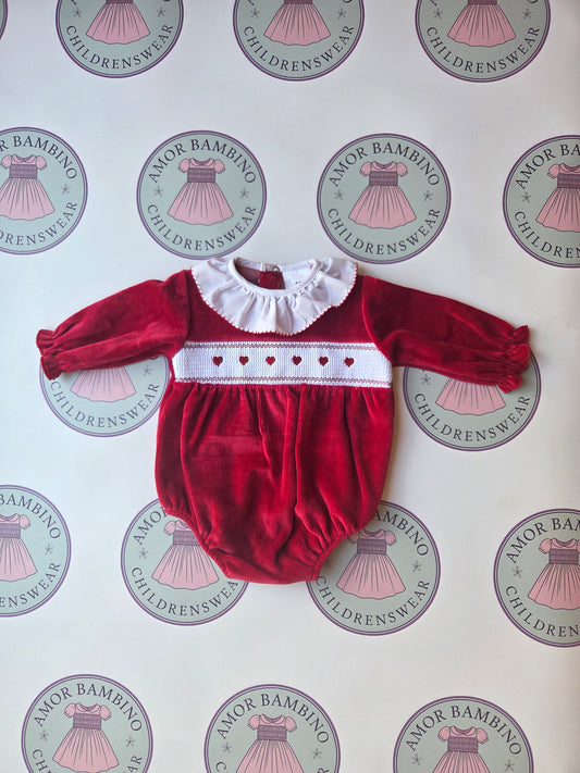Baby Girls Red Hearts Velour Romper
