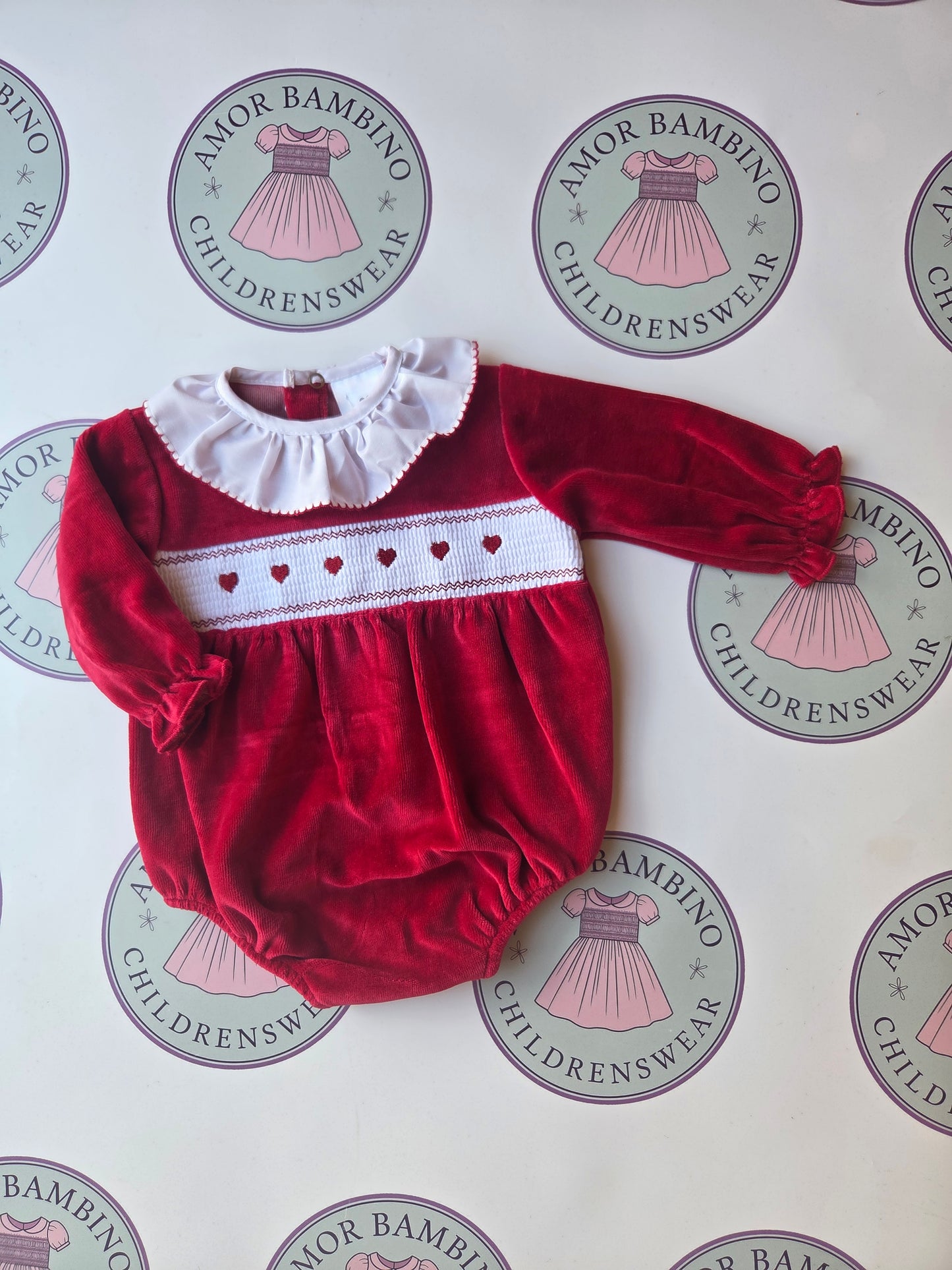 Baby Girls Red Hearts Velour Romper