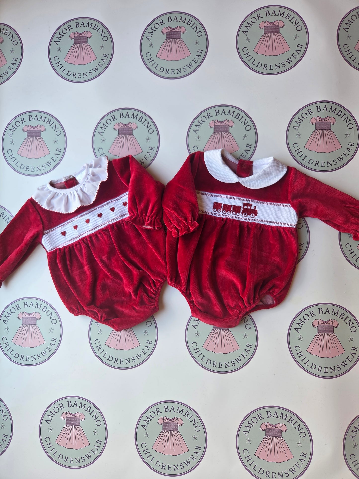 Baby Boys Red Train Velour Romper