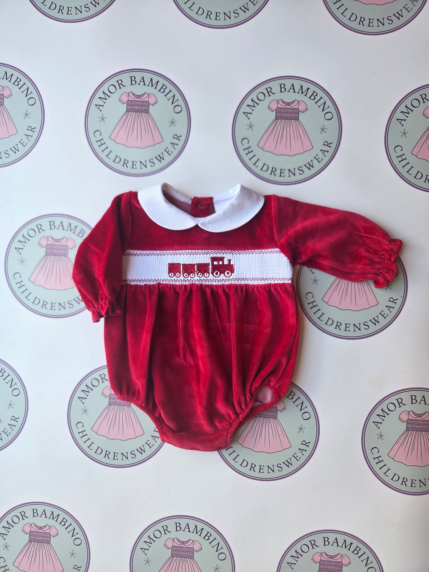 Baby Boys Red Train Velour Romper