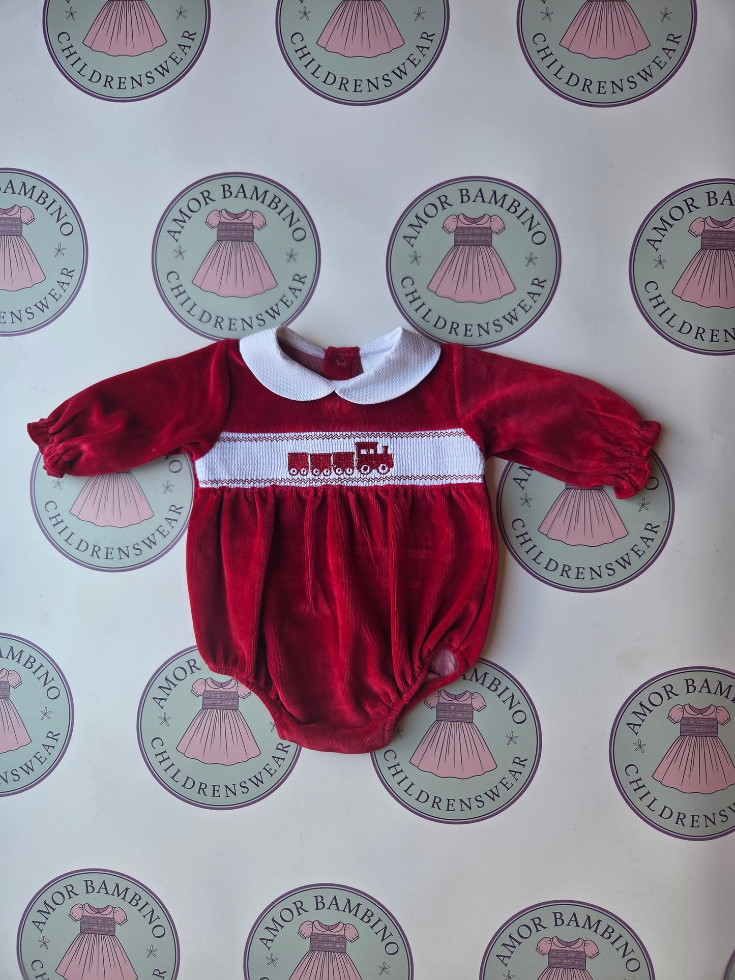 Baby Boys Red Train Velour Romper