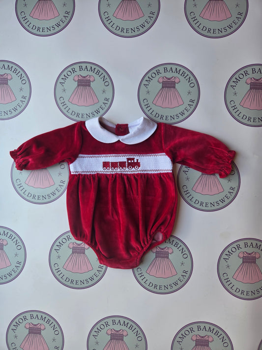 Baby Boys Red Train Velour Romper