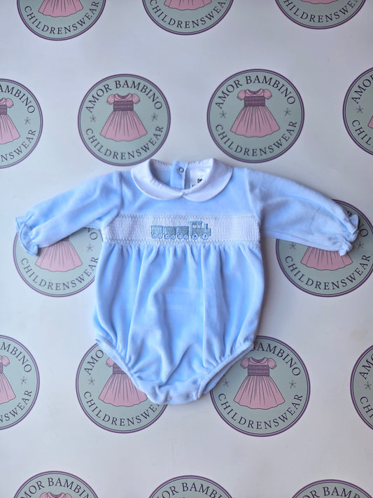 Baby Boys Blue Train Velour Romper In Stock