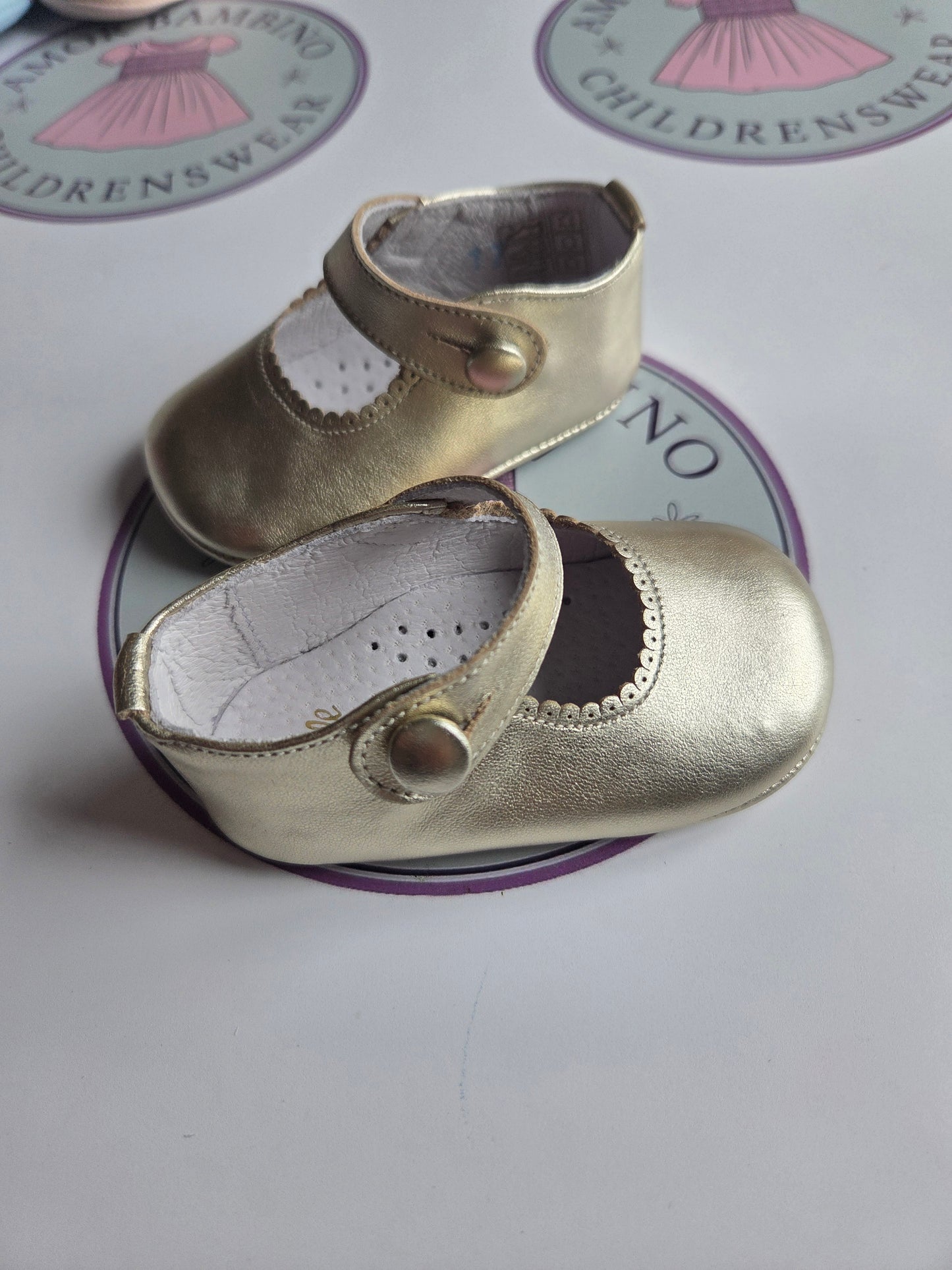 Gold Leather Baby Girls Button Pram Shoes In Stock
