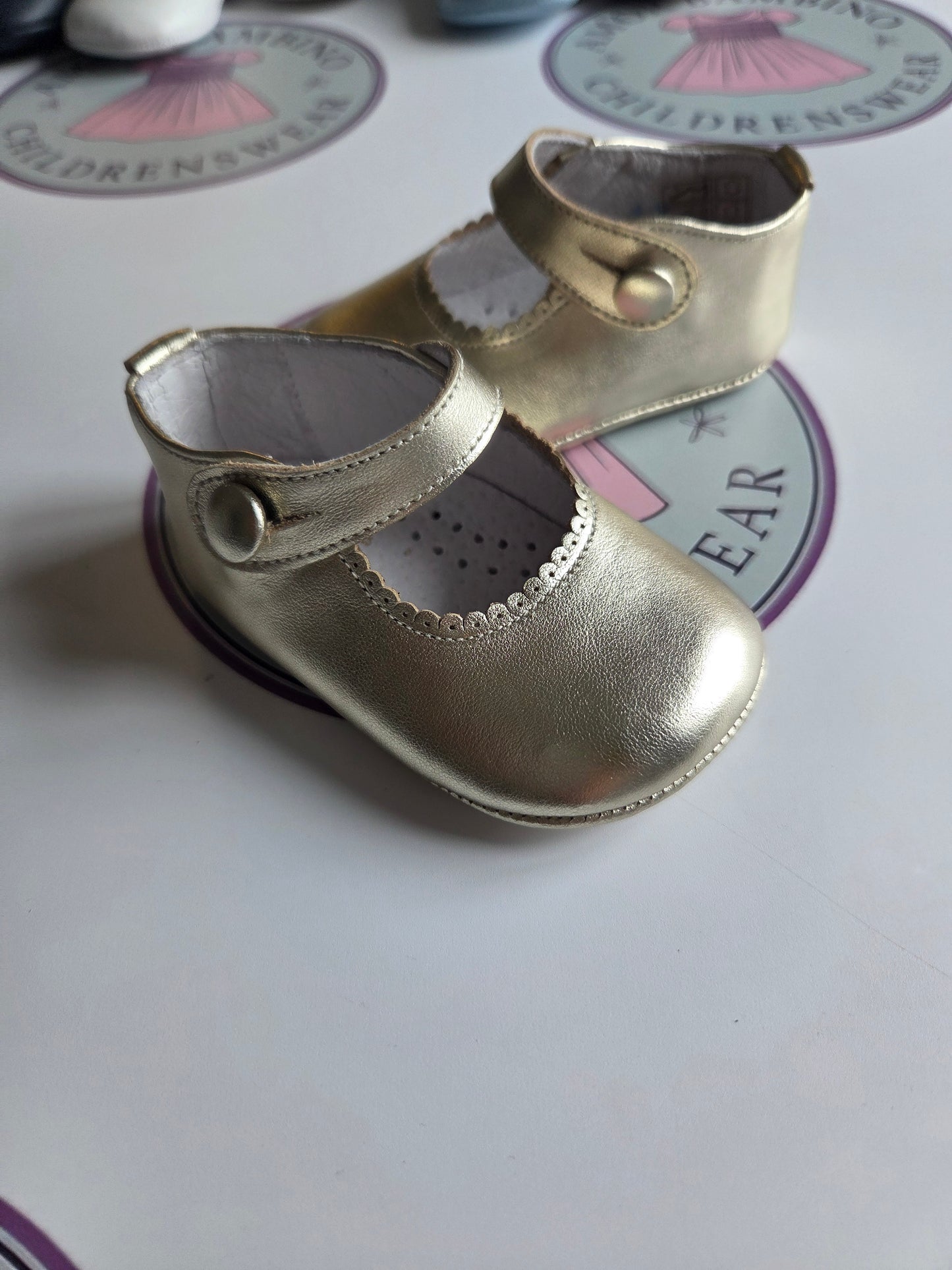 Gold Leather Baby Girls Button Pram Shoes In Stock