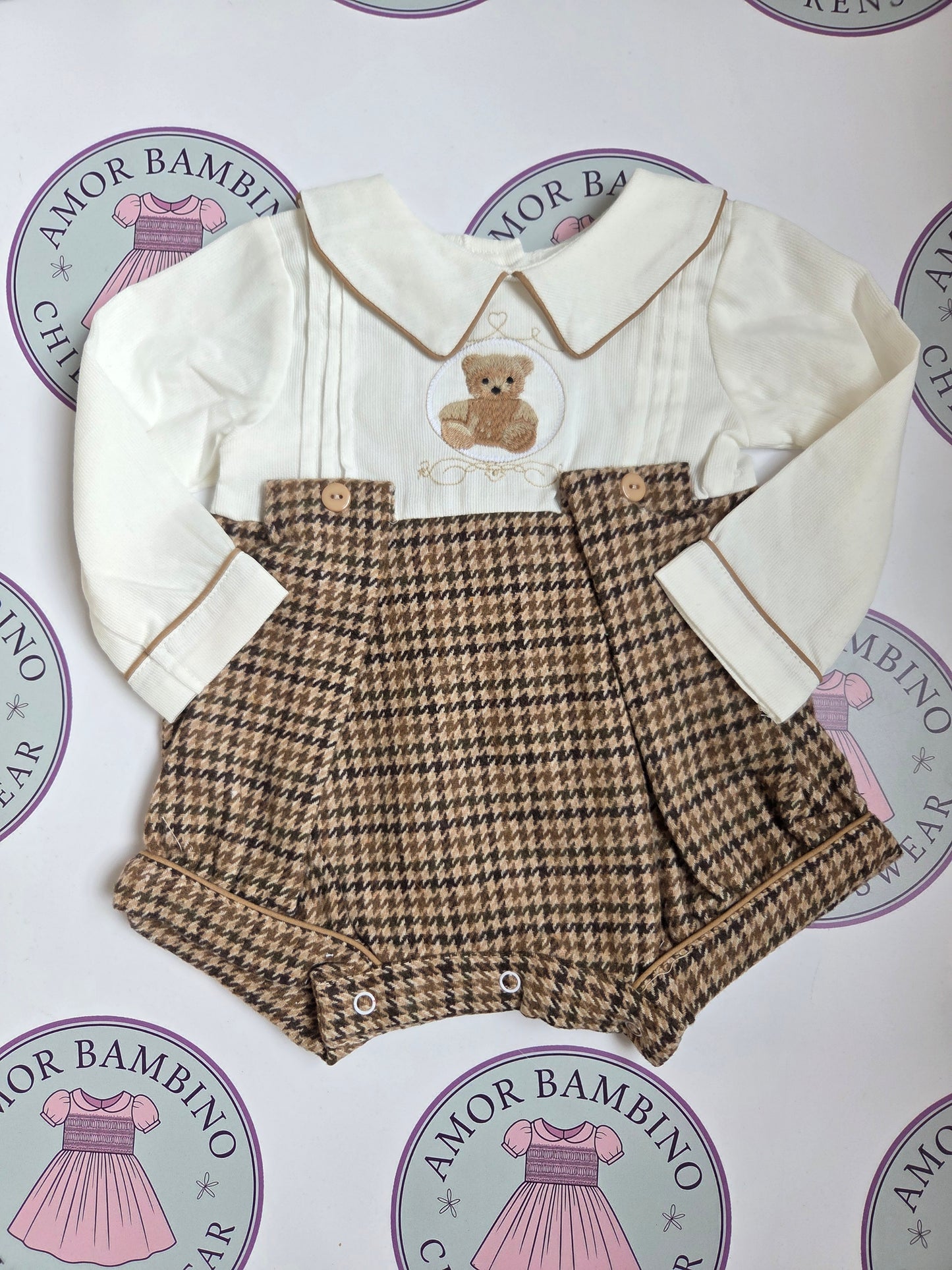 Boys Camel Checked Teddy Romper