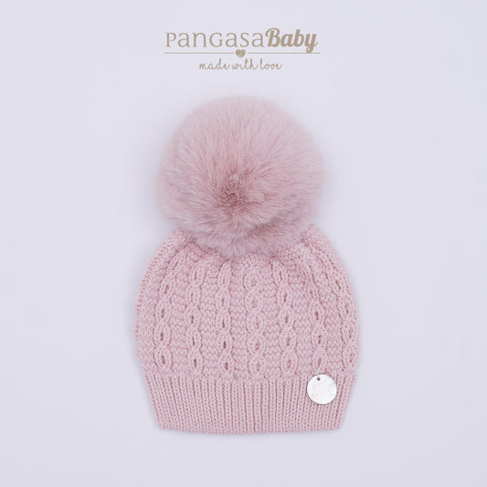 Pangasa Baby Powdered Pink Faux Fur Pom Cable Hat - Preorder