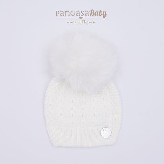 Pangasa Baby Ivory Faux Fur Pom Cable Hat - Preorder