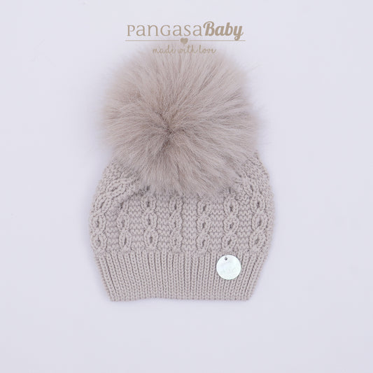 Pangasa Baby Camel Faux Fur Pom Cable Hat - Preorder