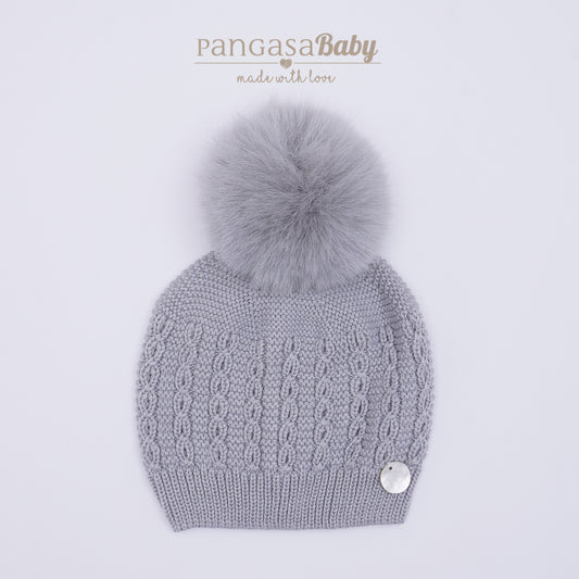 Pangasa Baby Grey Faux Fur Pom Cable Hat - Preorder