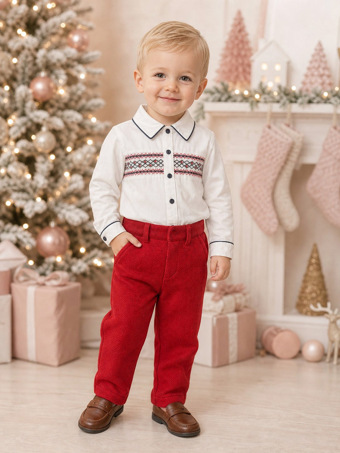 Boys Red Smocked Shirt & Trousers Set