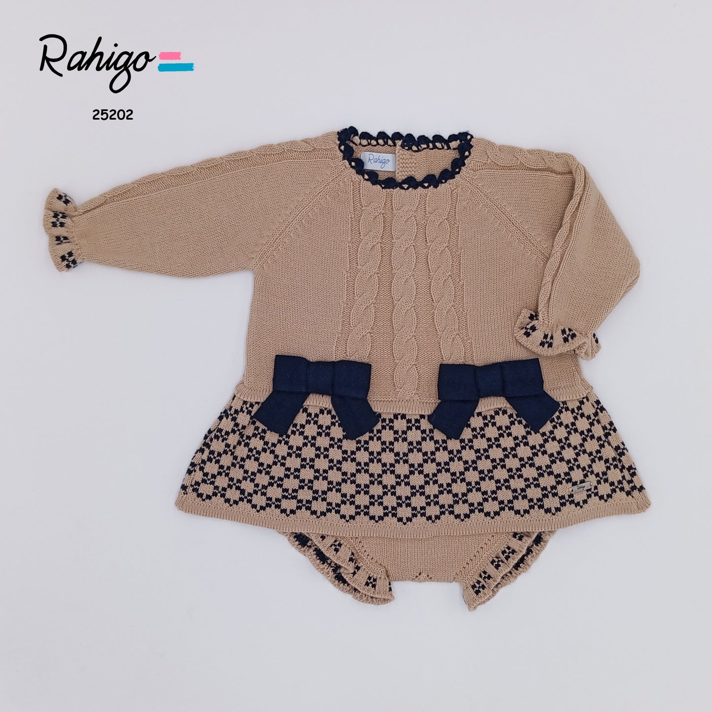 Baby Girls Rahigo Camel & Navy Aline Dress with Knickers AW25 - in stock 12 months