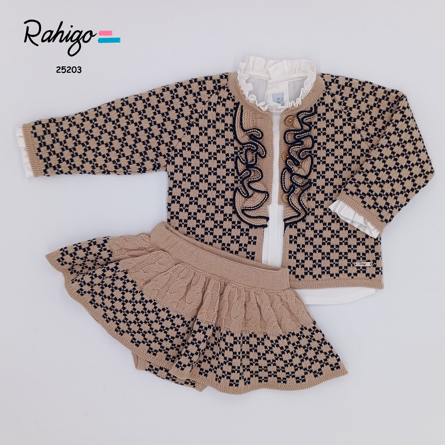 Baby Girls Rahigo Camel & Navy 3 Piece Cardigan, Blouse & Skirt AW25 - in stock