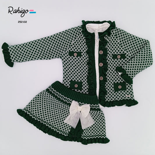Girls Rahigo Bottle Green & Cream 3 piece Cardigan, Blouse & Skirt Set AW25