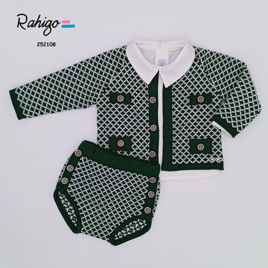 Baby Boys Bottle Green & Cream Cardigan, Shirt & Jam Pant Set AW25