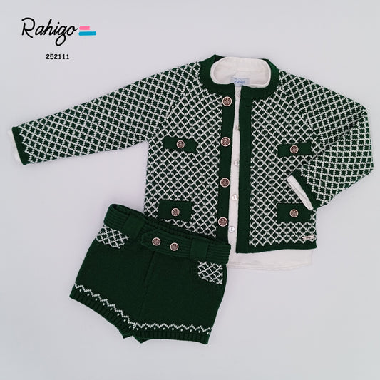 Boys Rahigo Bottle Green & Cream Cardigan, Shirt & Shorts Set AW25 - in stock