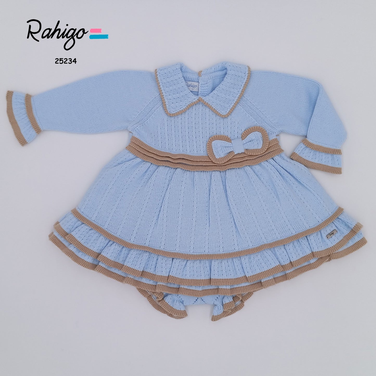 Baby Girls Rahigo Baby Blue & Camel Dress & Knickers AW25 - in stock 12 months