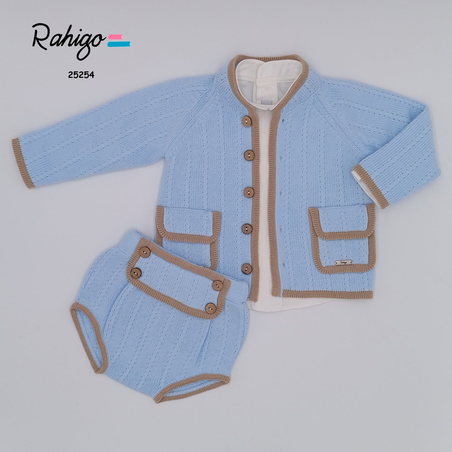 Baby Boys Rahigo Baby Blue & Camel 3 Piece Cardigan, Shirt & Shorts Set - in stock 12 months