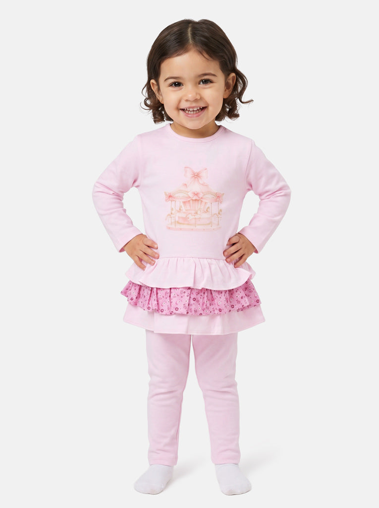 Girls Pink Carousel Top & Leggings Set